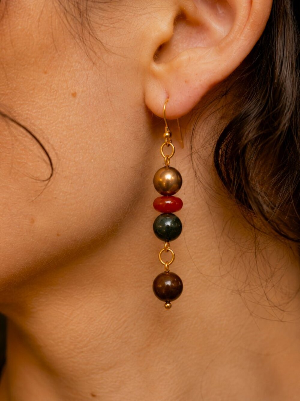 Indian Agate & Carnelian Stone Earrings, Brass Glass, 24k Gold Plated Stainless